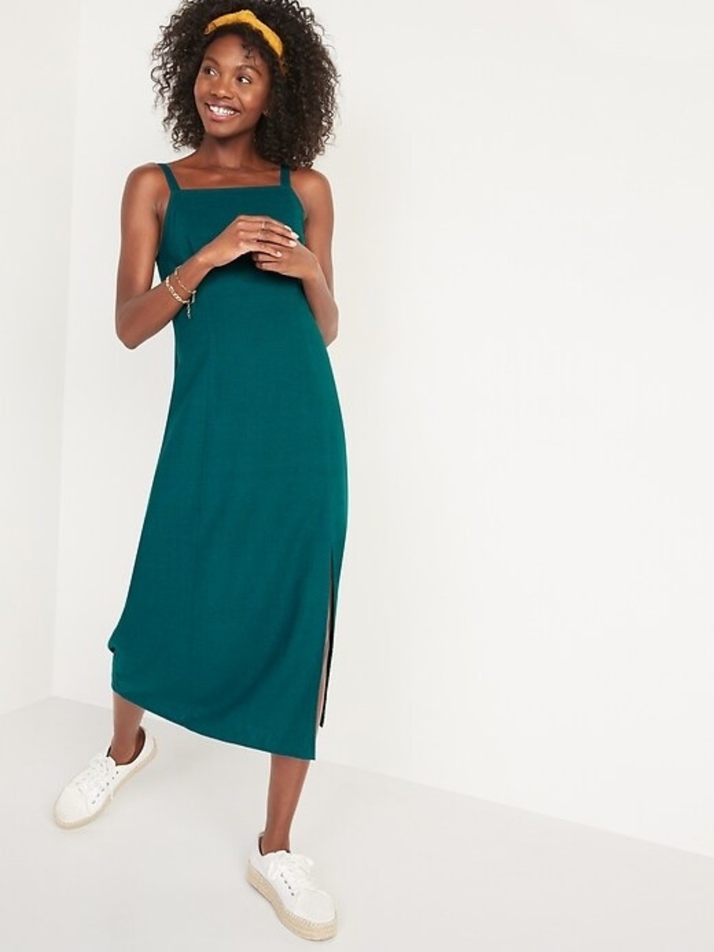 Old Navy Sleeveless Linen-Blend cami Maxi Dress smocked back front slit L tall